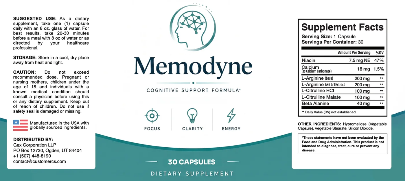Memodyne Supplement Facts label and usage directions