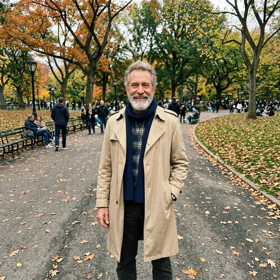 A confident man standing in an autumn park