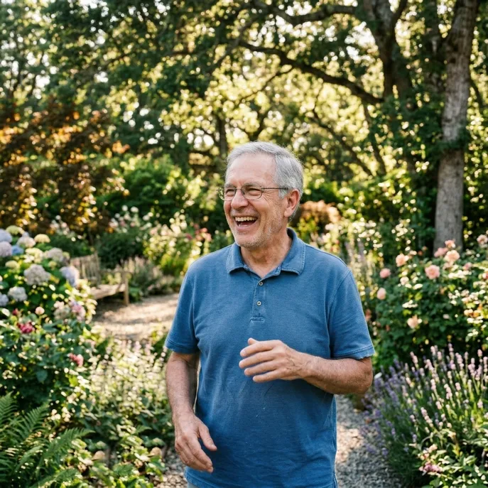 An older man laughing in a sunny garden