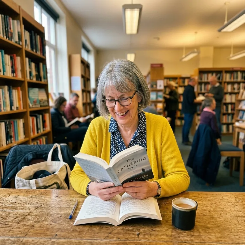 A woman reading and smiling in a library