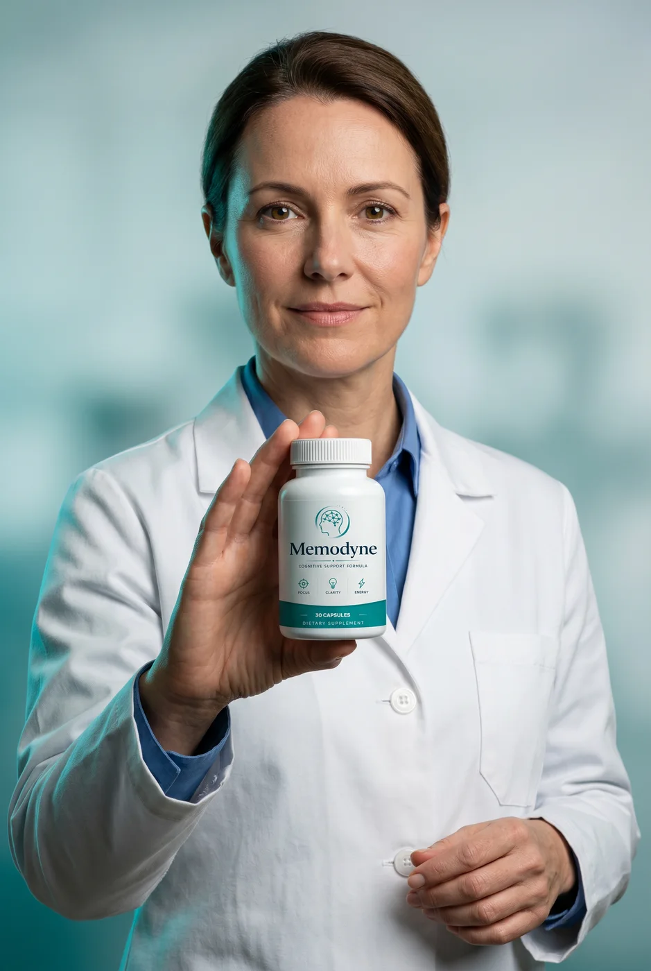 A health professional holding a bottle of Memodyne