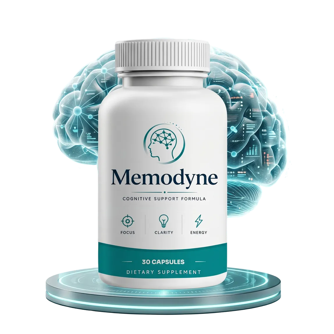 Memodyne cognitive support formula bottle with a glowing brain
