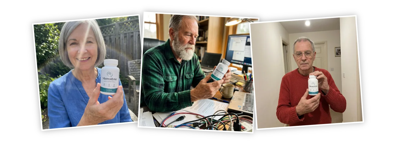 Three Memodyne customers holding their bottles at home
