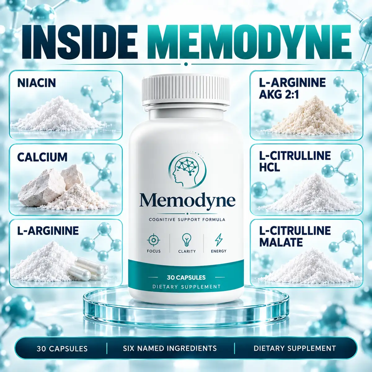 This website’s INSIDE MEMODYNE illustration: six tiles naming niacin, calcium, L-arginine, L-arginine AKG 2:1, L-citrulline HCl and L-citrulline malate around the bottle; the panel’s seventh row, beta-alanine, is not drawn