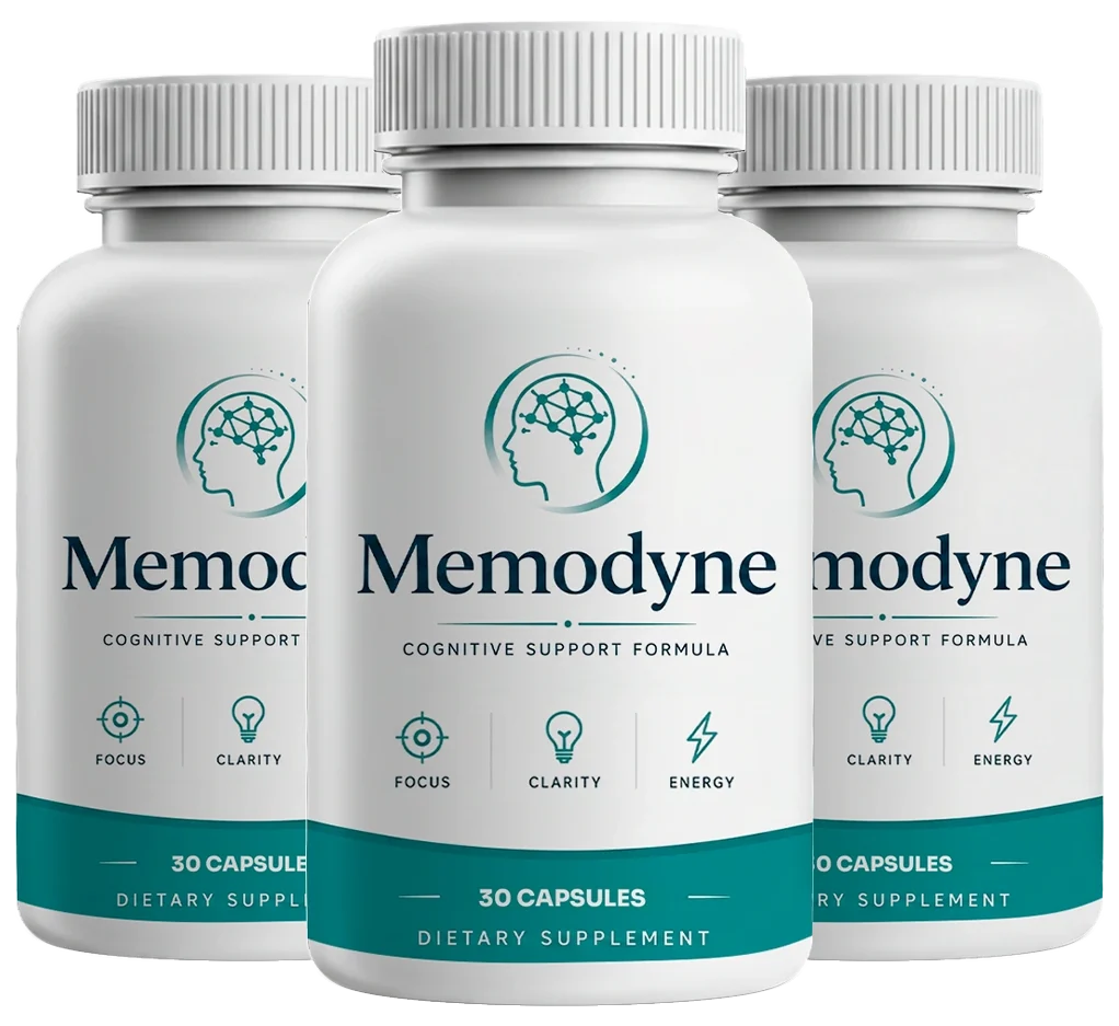 The Memodyne three-bottle pack: 3 bottles, front labels showing