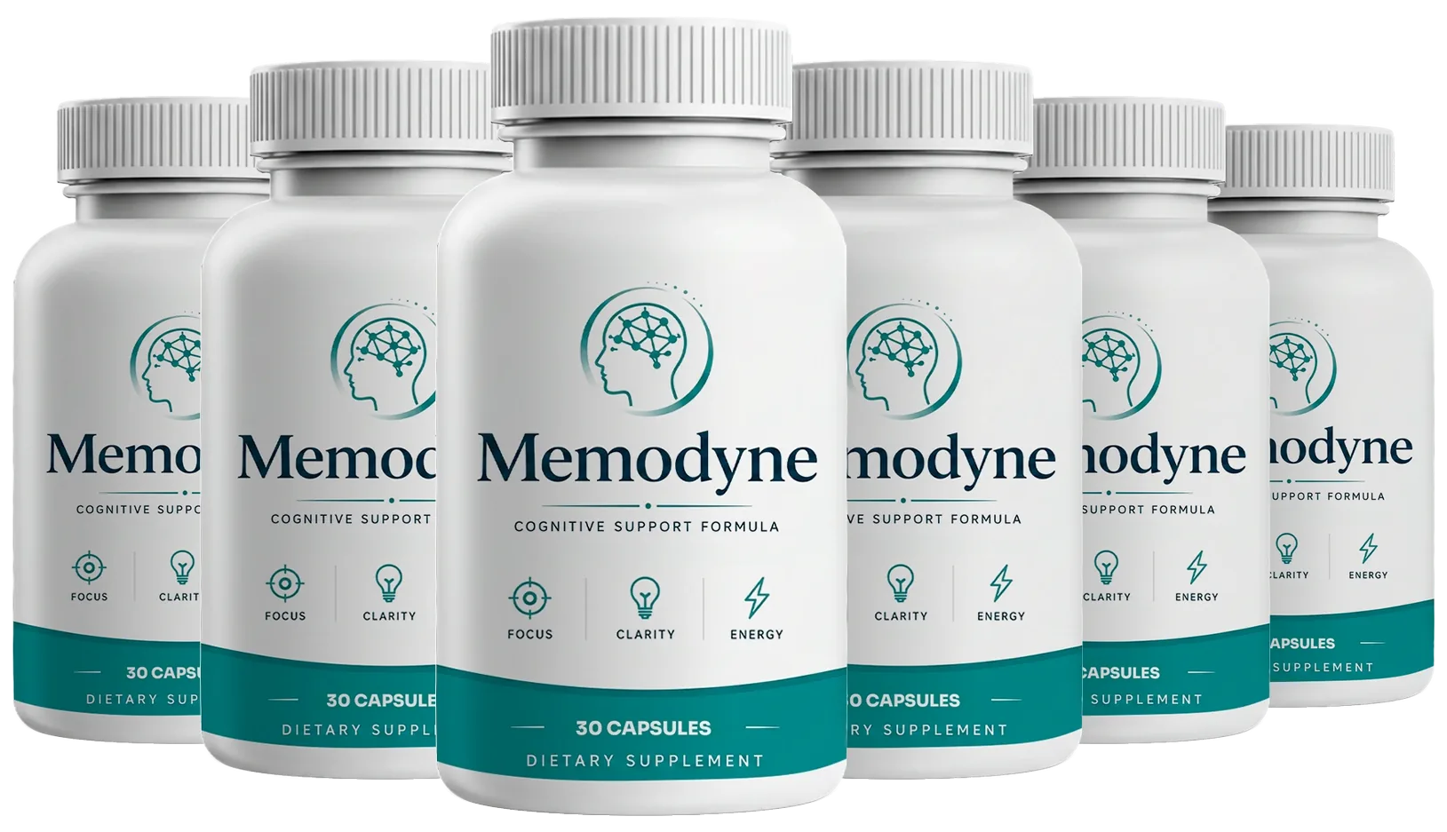 The Memodyne six-bottle pack: 6 bottles, front labels showing